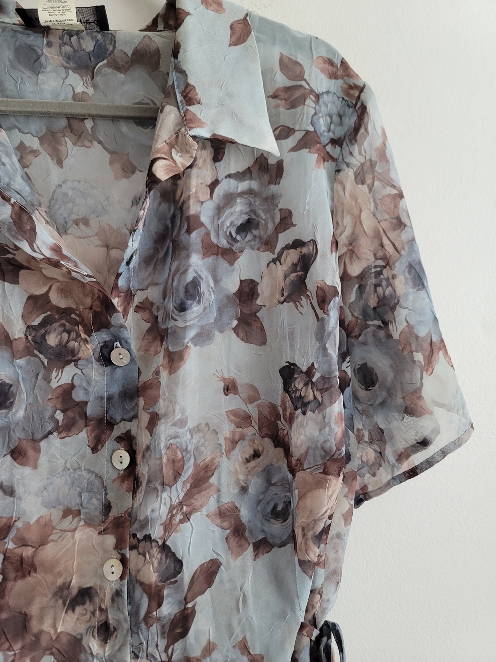 VTG Connected Woman 22W 90s Floral Button Front Blouse Blue Brown Crinkle Tie - Picture 6 of 9